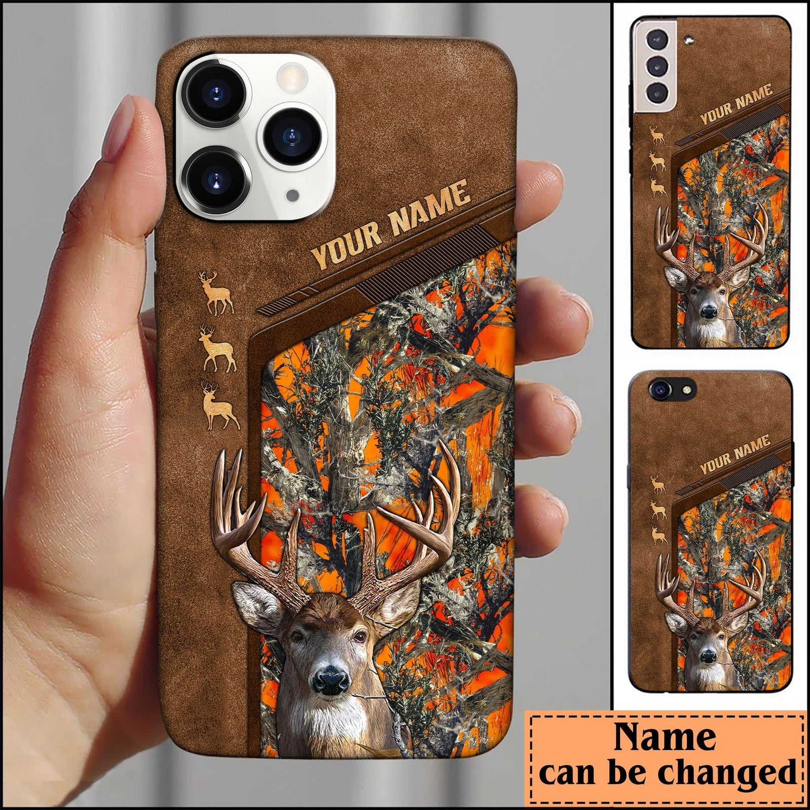 Blisscorners Deer Hunting Premium Brown Pattern Personalized Name Phone Case (4 colors)
