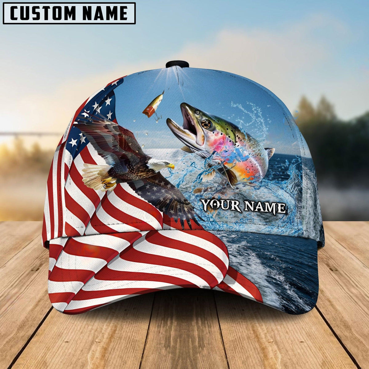 Blisscorners Eagle Flag Trout Fishing Customized Name Classic 3D Cap