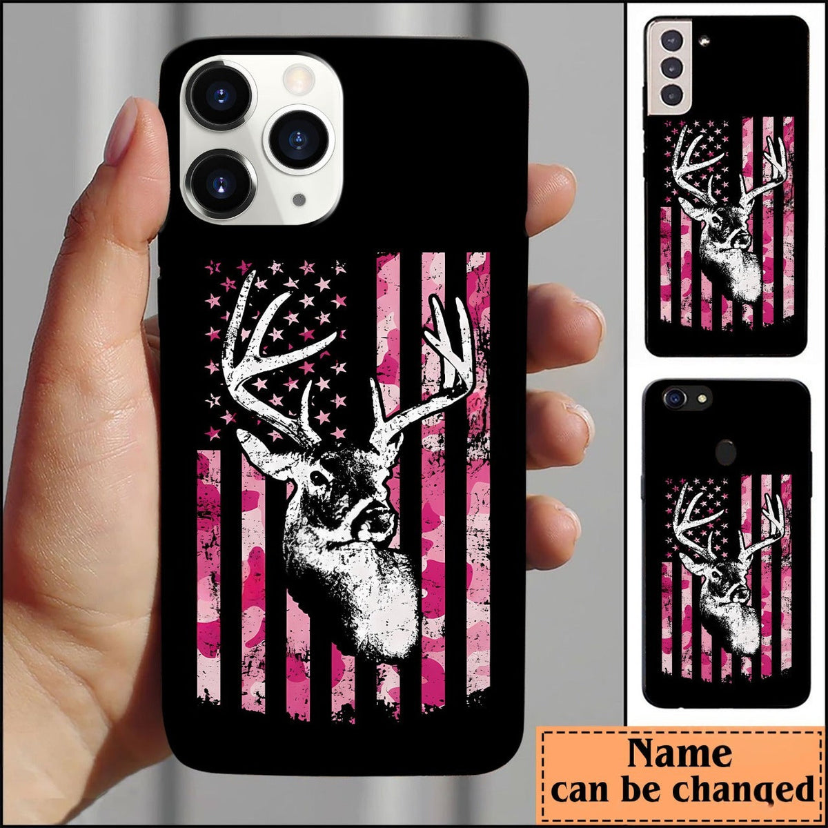 Blisscorners Whitetail Buck Womens Deer Hunting Pink Camo American Flag Personalized Name Phone Case LM0912