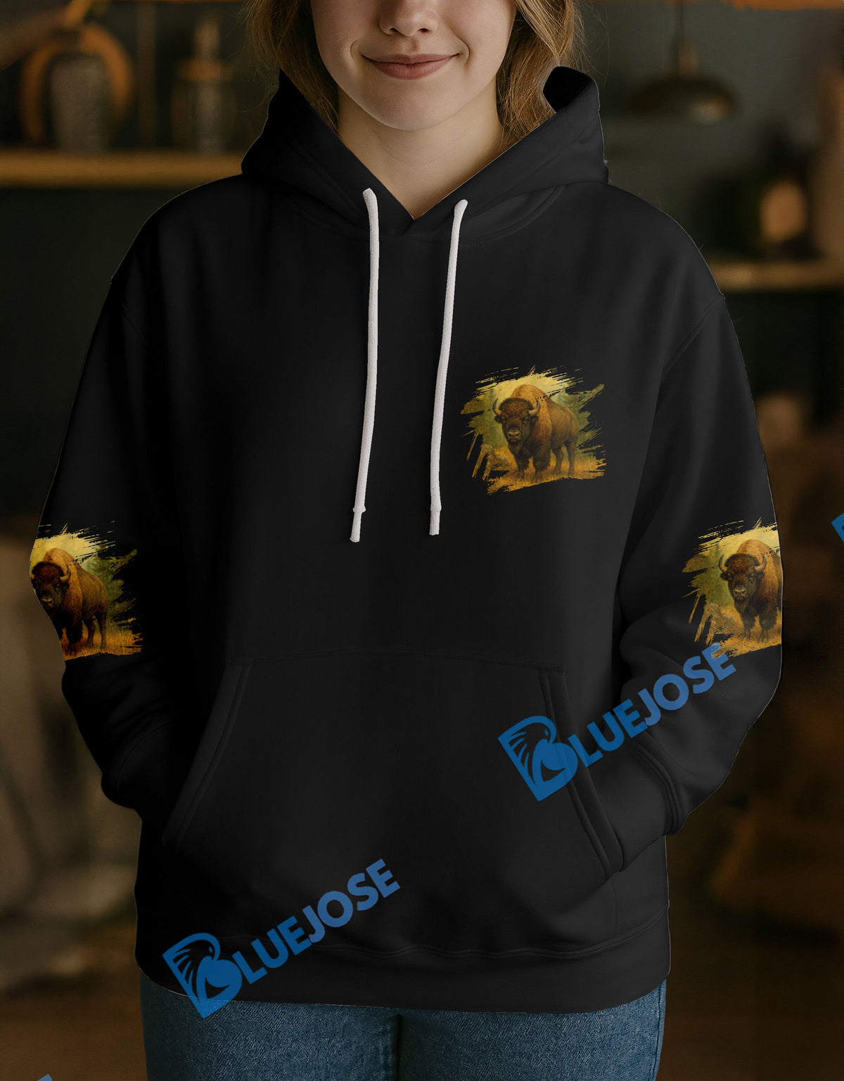 Blisscorners Black Bison Hunter Personalized Name Hoodie For Hunting Lover