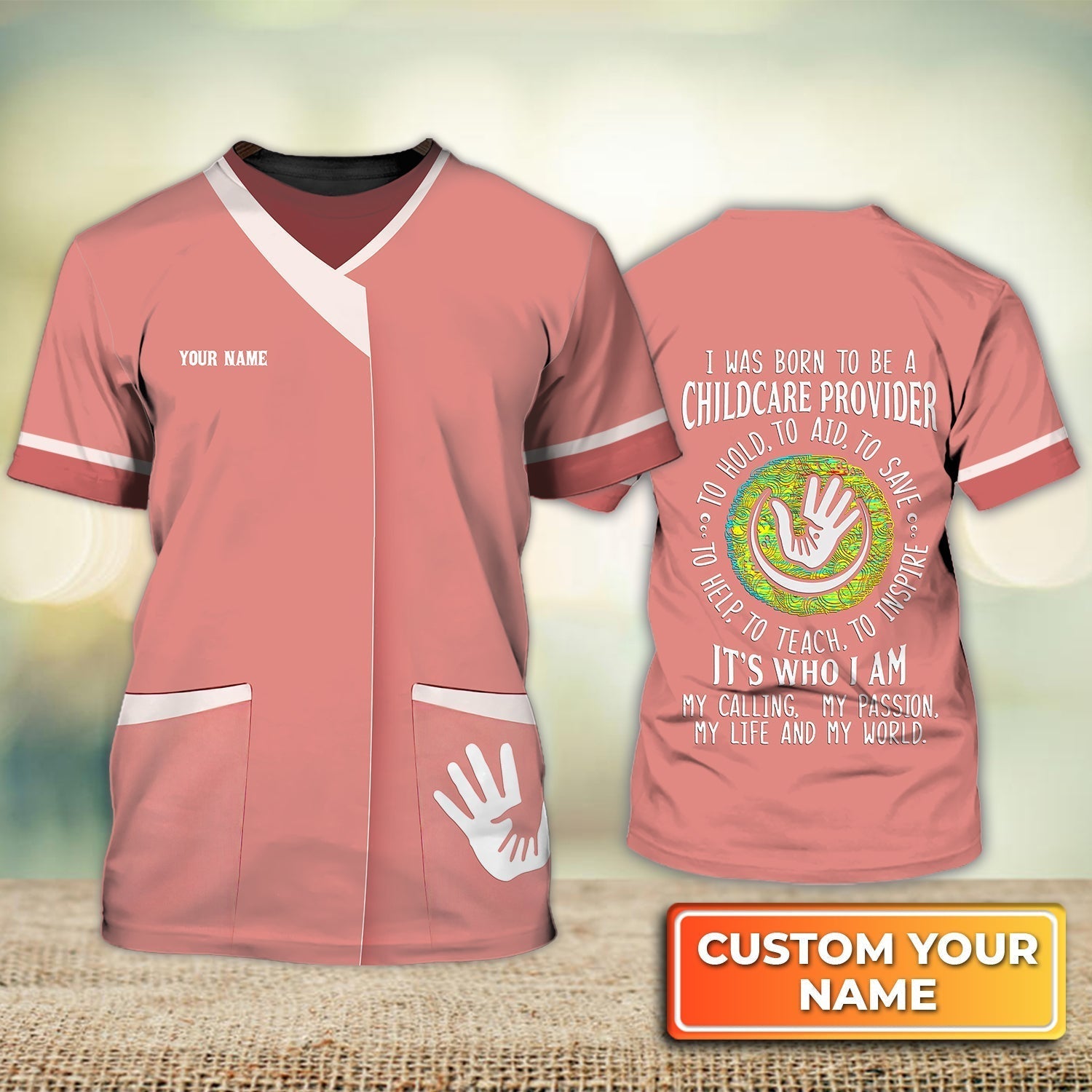 Blisscorners Personalized 3D Shirt Child Care Worker T Shirt Child Day Care Provider Worker Clasped Hands Unifom Pink