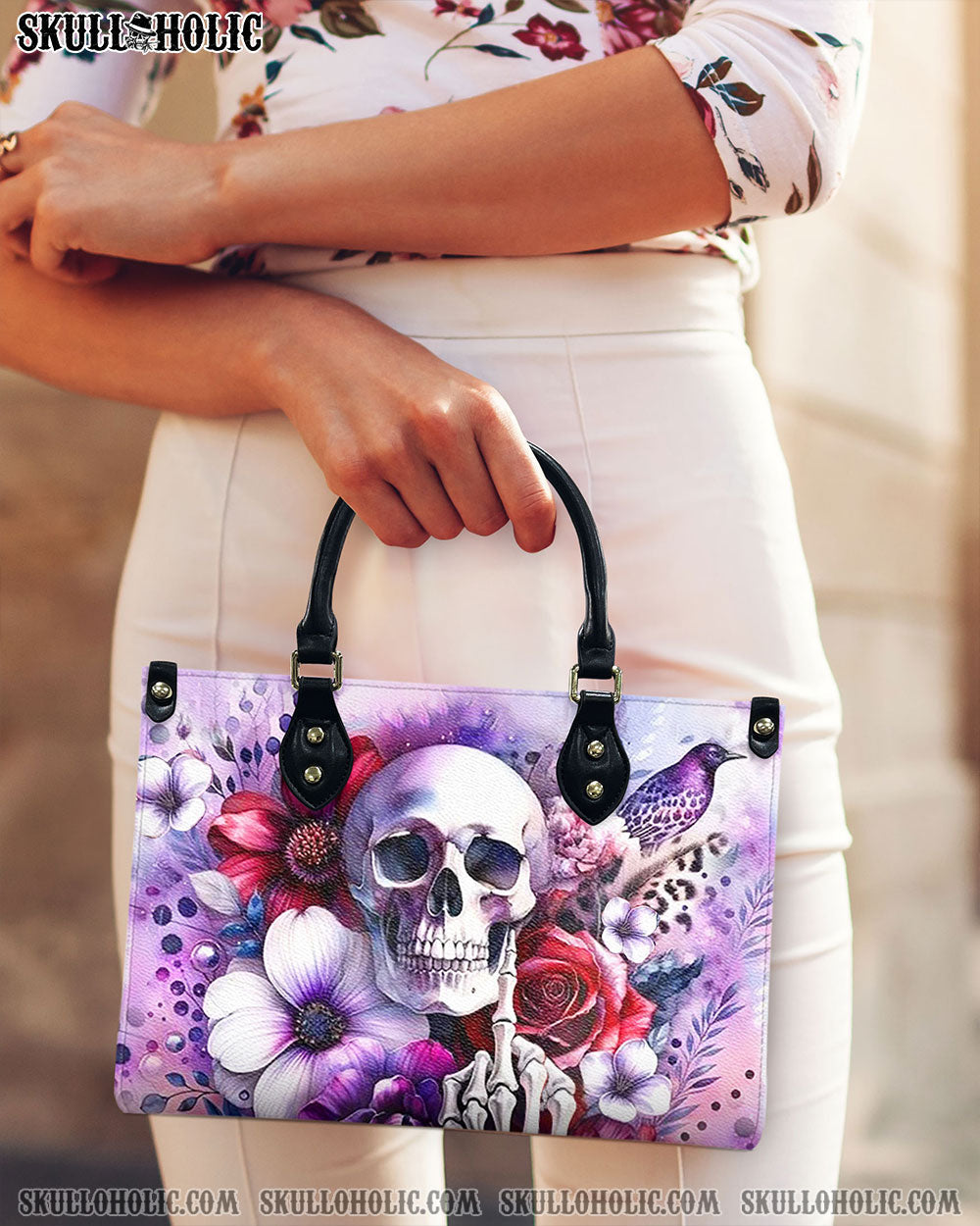 BLISSCORNERS SKULL FLOWERS LEATHER HANDBAG