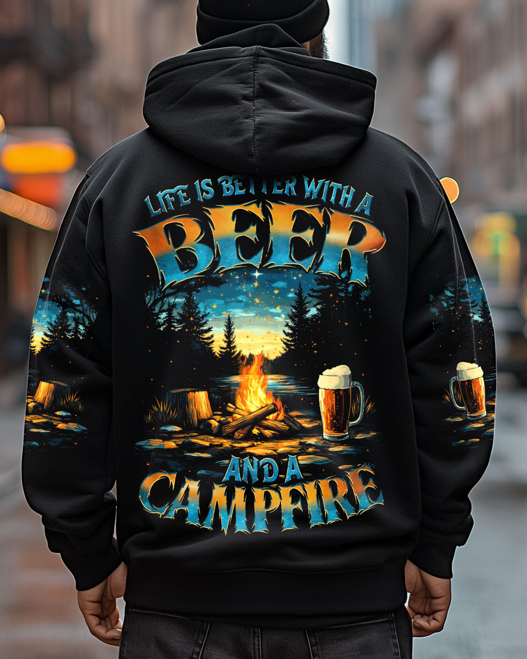 BLISSCORNERS LIFE IS BETTER WITH A BEER AND A CAMPFIRE ALL OVER PRINT