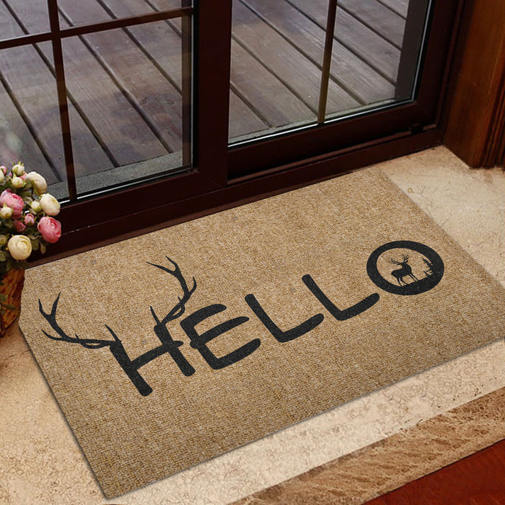 Blisscorners Hunting Rubber Doormat, Deer Hunting Forest Deer Hello Brown Pattern Welcome Doormat, Indoor Outdoor Door Mat, Home Decor