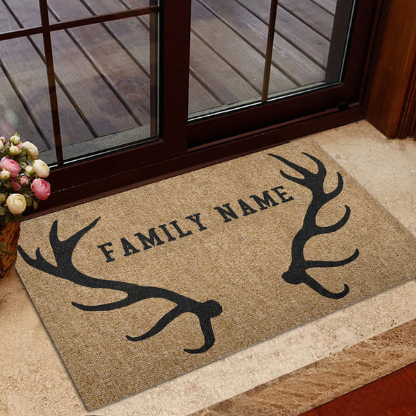 Blisscorners Personalized Hunting Rubber Doormat, Deer Hunting Forest Deer Horn Brown Welcome Doormat, Custom Name Indoor Outdoor Door Mat, Home Decor