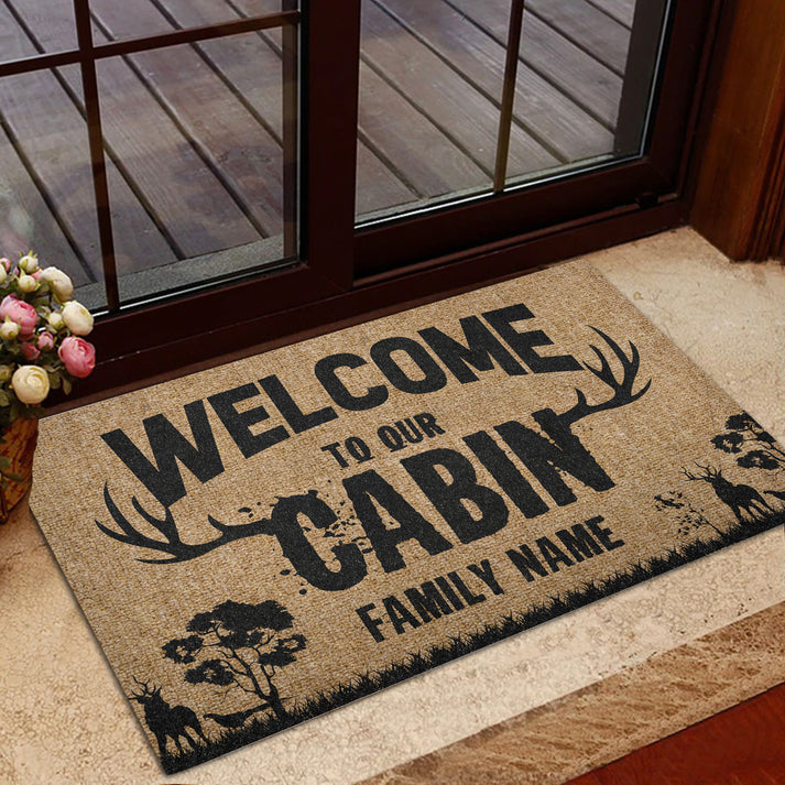 Blisscorners Personalized Hunting Rubber Doormat, Deer Horn Hunting Welcome To Our Cabin Welcome Doormat, Custom Name Indoor Outdoor Door Mat, Home Decor