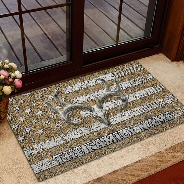Blisscorners Personalized Hunting Rubber Doormat, Hunting Deer Skull Buck American Flag Welcome Doormat, Custom Name Indoor Outdoor Door Mat, Home Decor