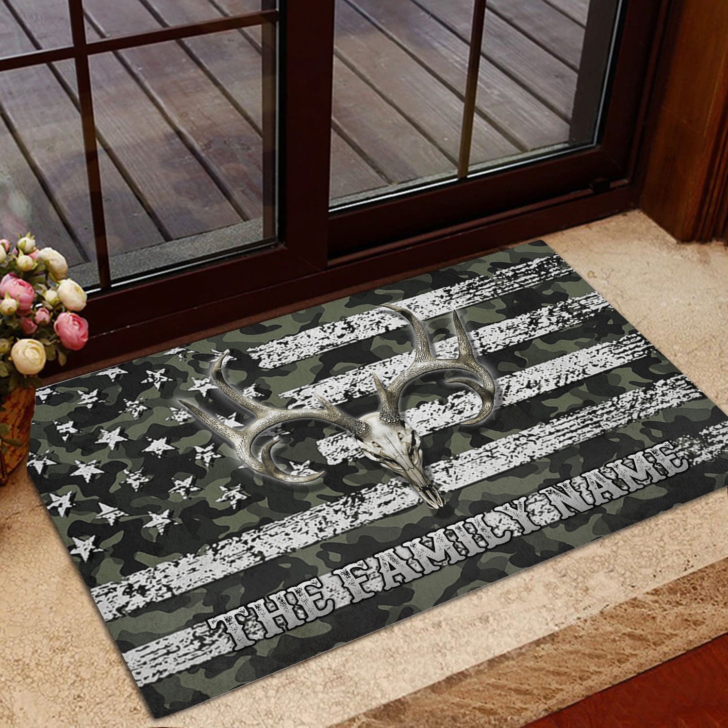 Blisscorners Personalized Hunting Rubber Doormat, Deer Hunting Deer Skull Camo Camouflage Welcome Doormat, Custom Name Indoor Outdoor Door Mat, Home Decor