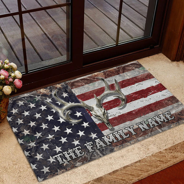 Blisscorners Personalized Hunting Rubber Doormat, Deer Hunting Skull Camo Camouflage Welcome Doormat, Custom Name Indoor Outdoor Door Mat, Home Decor