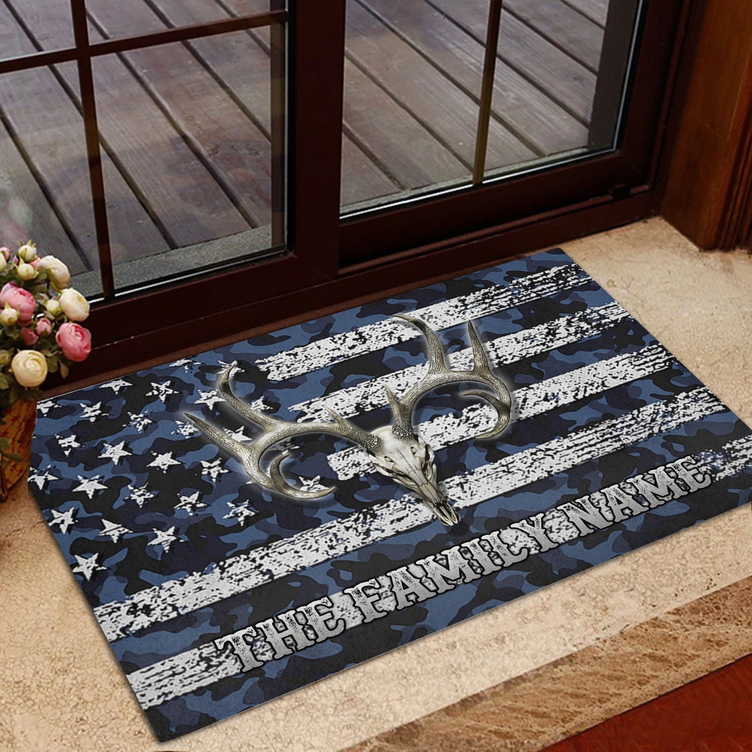 Blisscorners Personalized Hunting Rubber Doormat, Deer Hunting Skull Blue Camo Camouflage Welcome Doormat, Custom Name Indoor Outdoor Door Mat, Home Decor
 LM1611