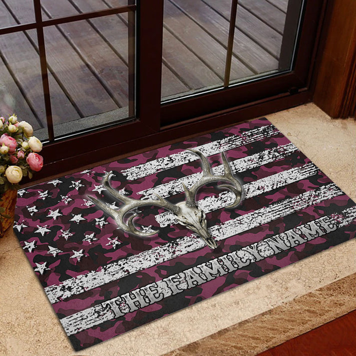 Blisscorners Personalized Hunting Rubber Doormat, Deer Hunting Skull Pink Camo Camouflage Welcome Doormat, Custom Name Indoor Outdoor Door Mat, Home Decor