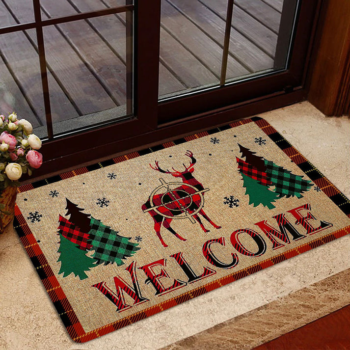 Blisscorners Hunting Rubber Doormat, deer hunting buck hunter welcome red plaid christmas xmas noel Welcome Doormat, Indoor Outdoor Door Mat, Home Decor