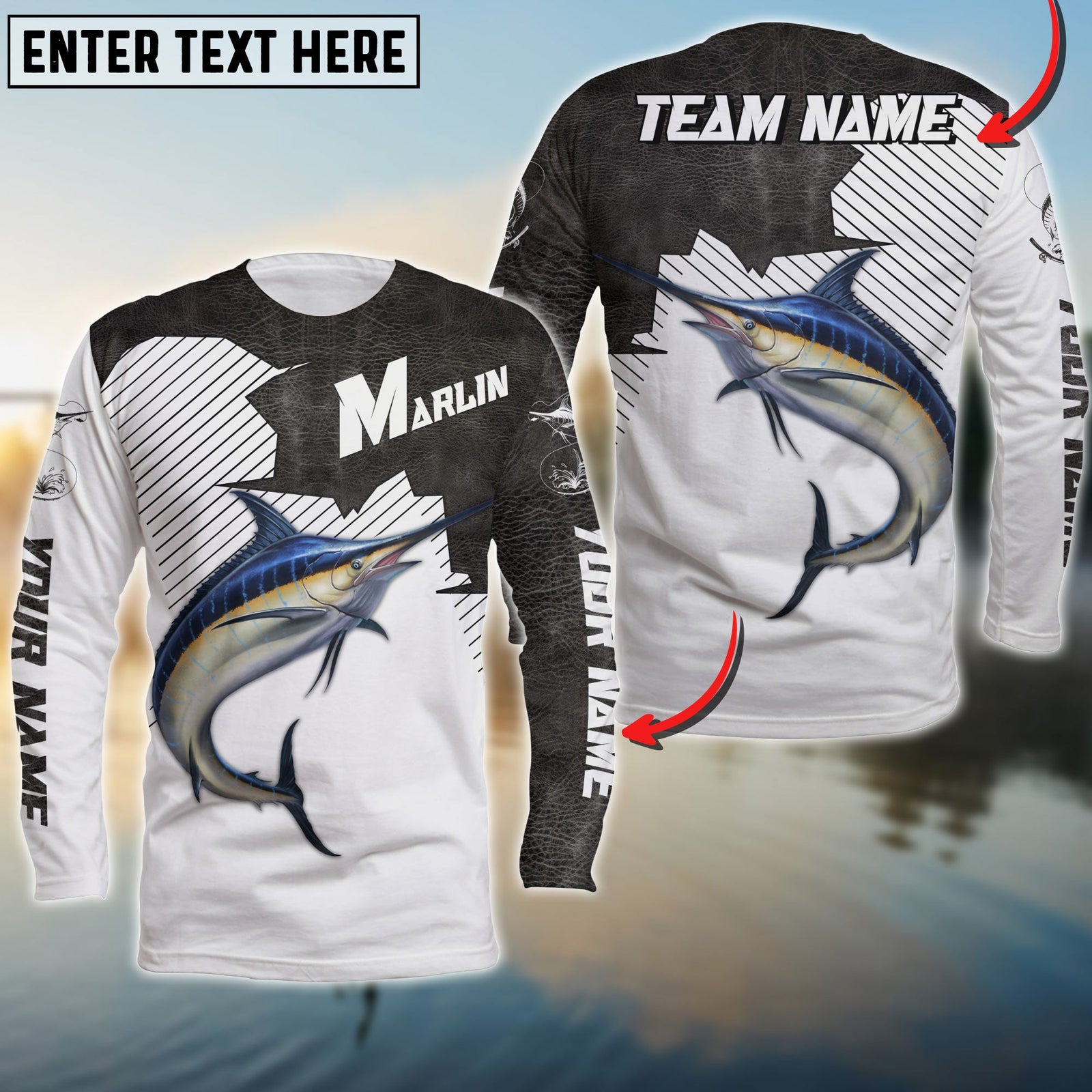 Blisscorners Marlin Fishing Vintage Style Black Leather Pattern Sport Jersey Personalized Name Long Sweat Shirt