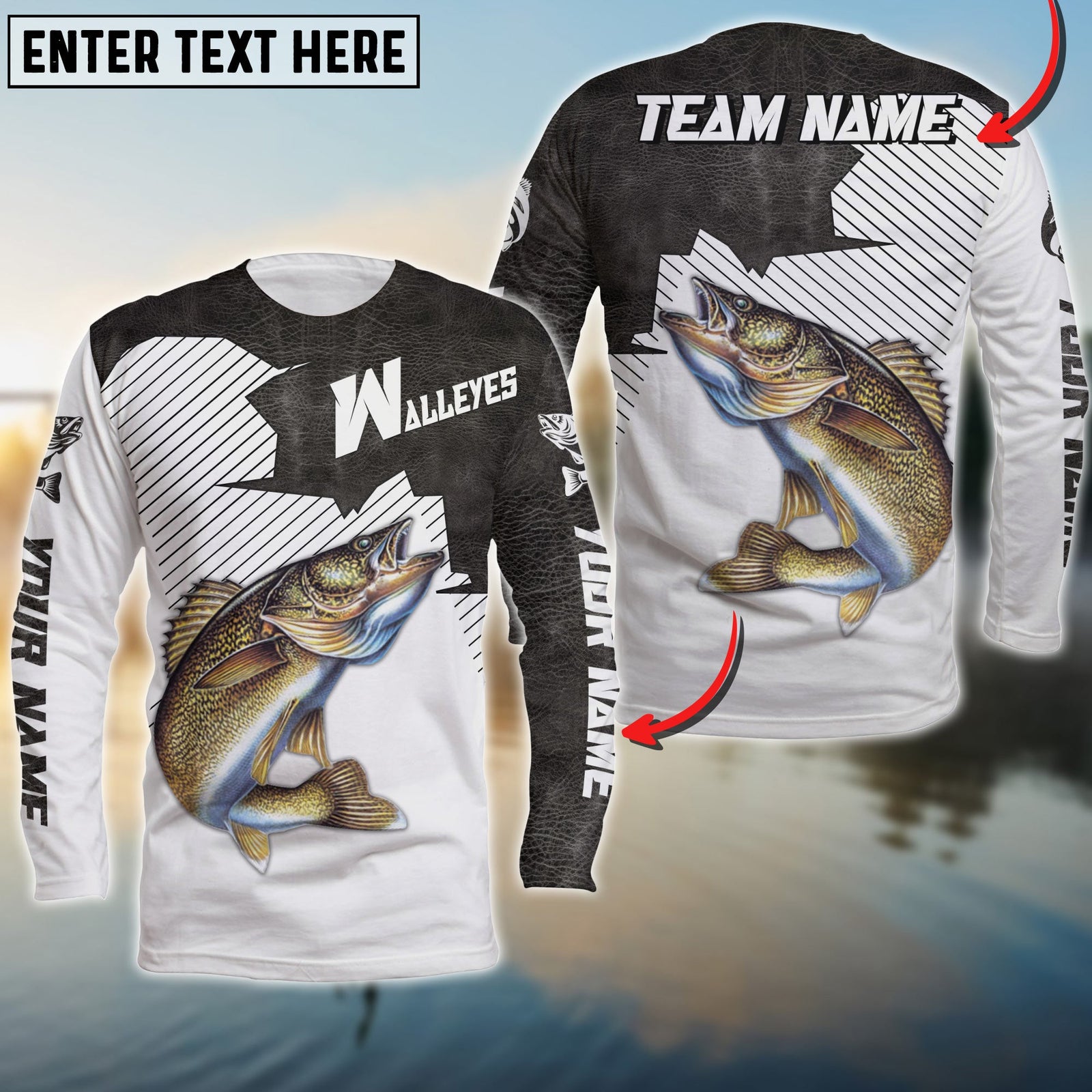Blisscorners Walleyes Fishing Vintage Style Black Leather Pattern Sport Jersey Personalized Name Long Sweat Shirt