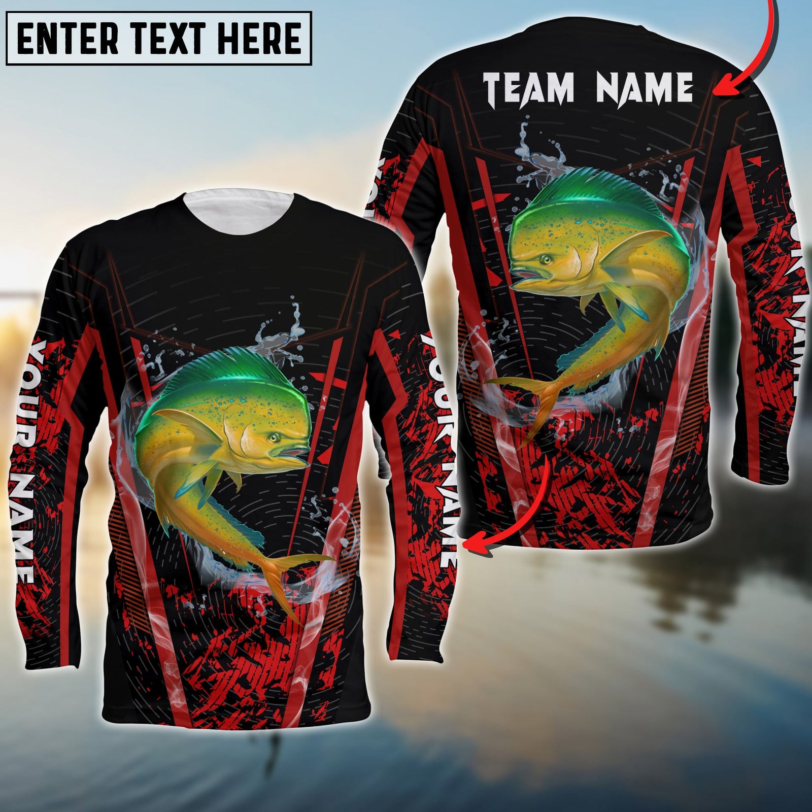 Blisscorners Mahi-mahi Fishing Red Smoke Pattern Sport Jersey Personalized Name Long Sweat Shirt