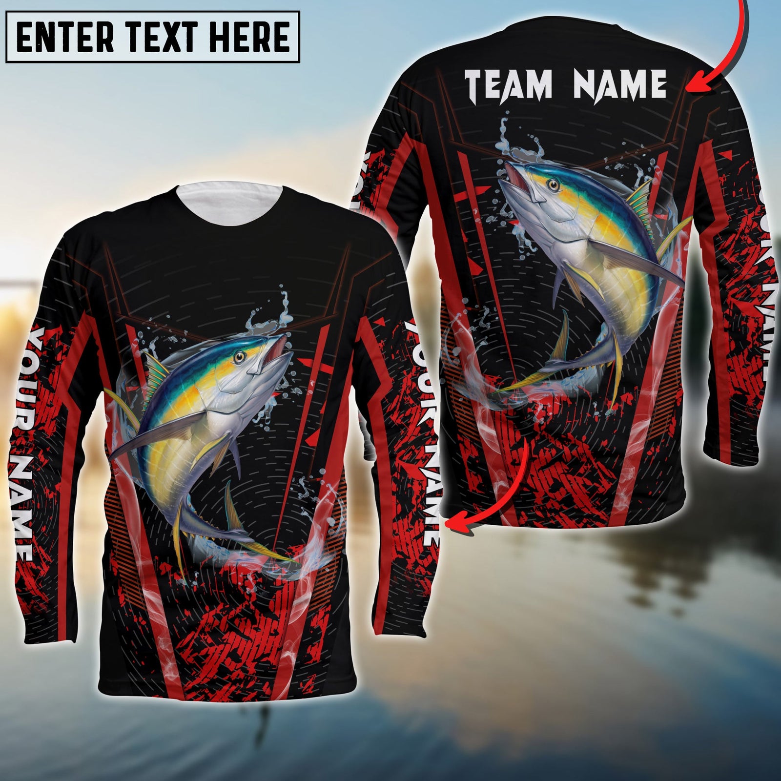 Blisscorners Tuna Fishing Red Smoke Pattern Sport Jersey Personalized Name Long Sweat Shirt
