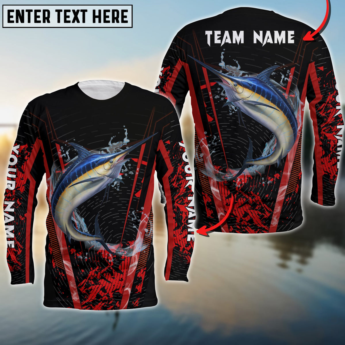 Blisscorners Marlin Fishing Red Smoke Pattern Sport Jersey Personalized Name Long Sweat Shirt