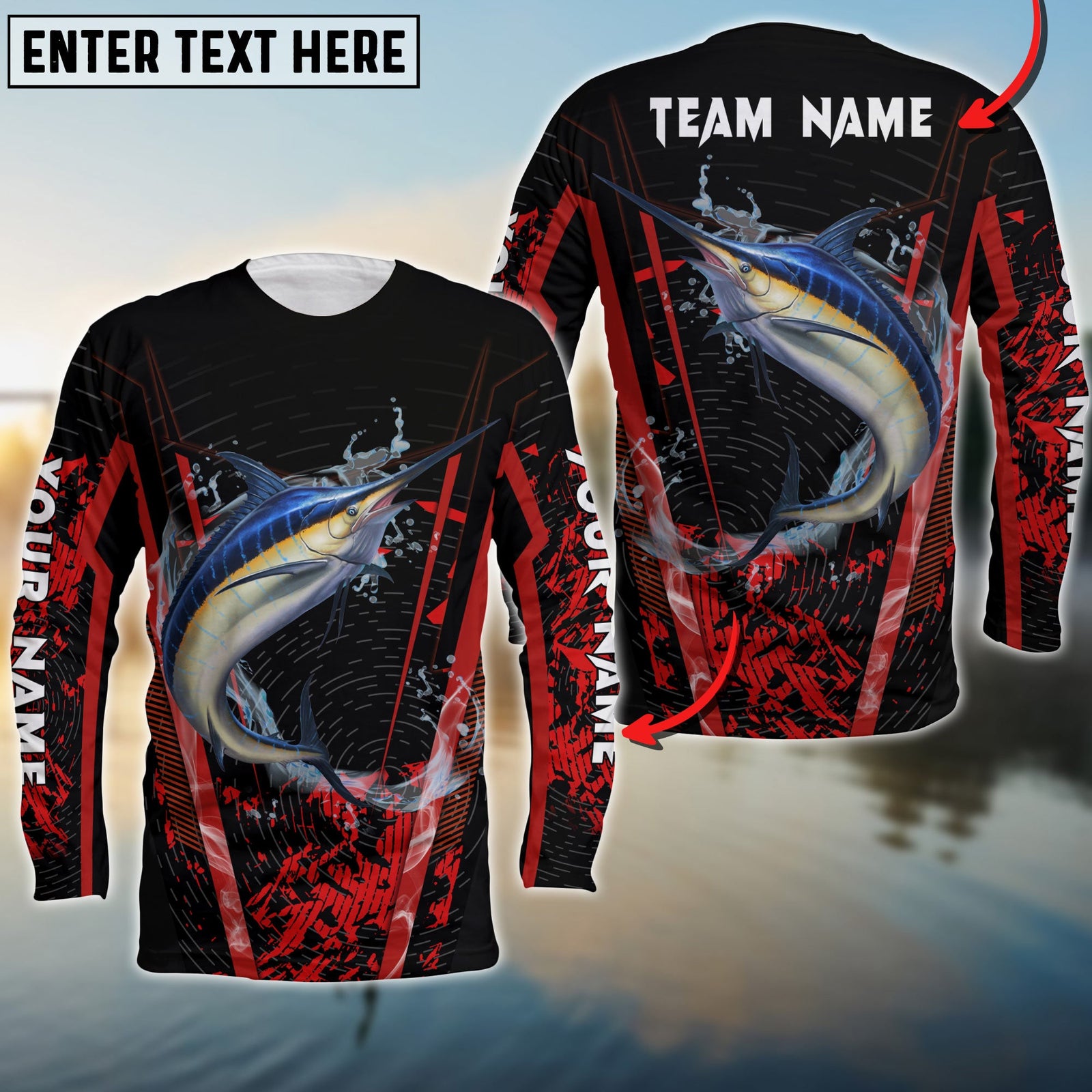 Blisscorners Marlin Fishing Red Smoke Pattern Sport Jersey Personalized Name Long Sweat Shirt