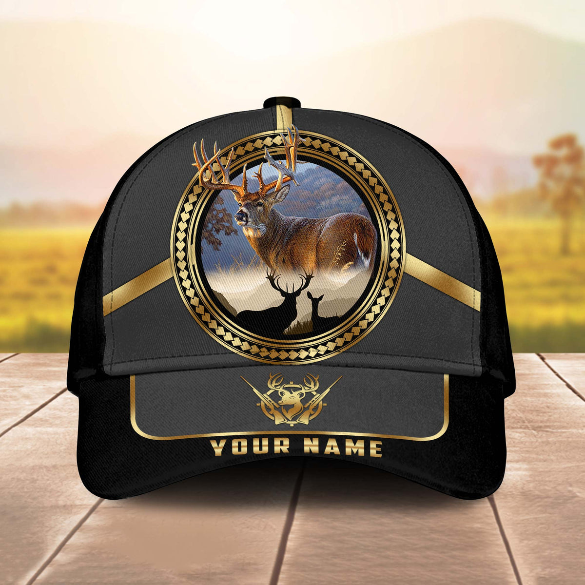 Blisscorners Deer Hunting Gold Line Majestic Personalized Name 3D Cap