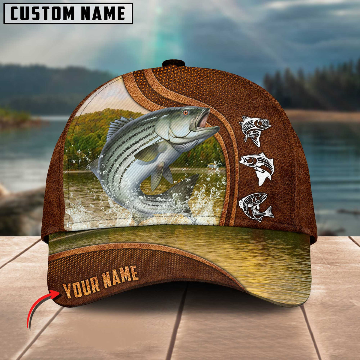 Blisscorners Personalized Stripped Bass Fishing Water Leather Pattern Classic 3D Cap