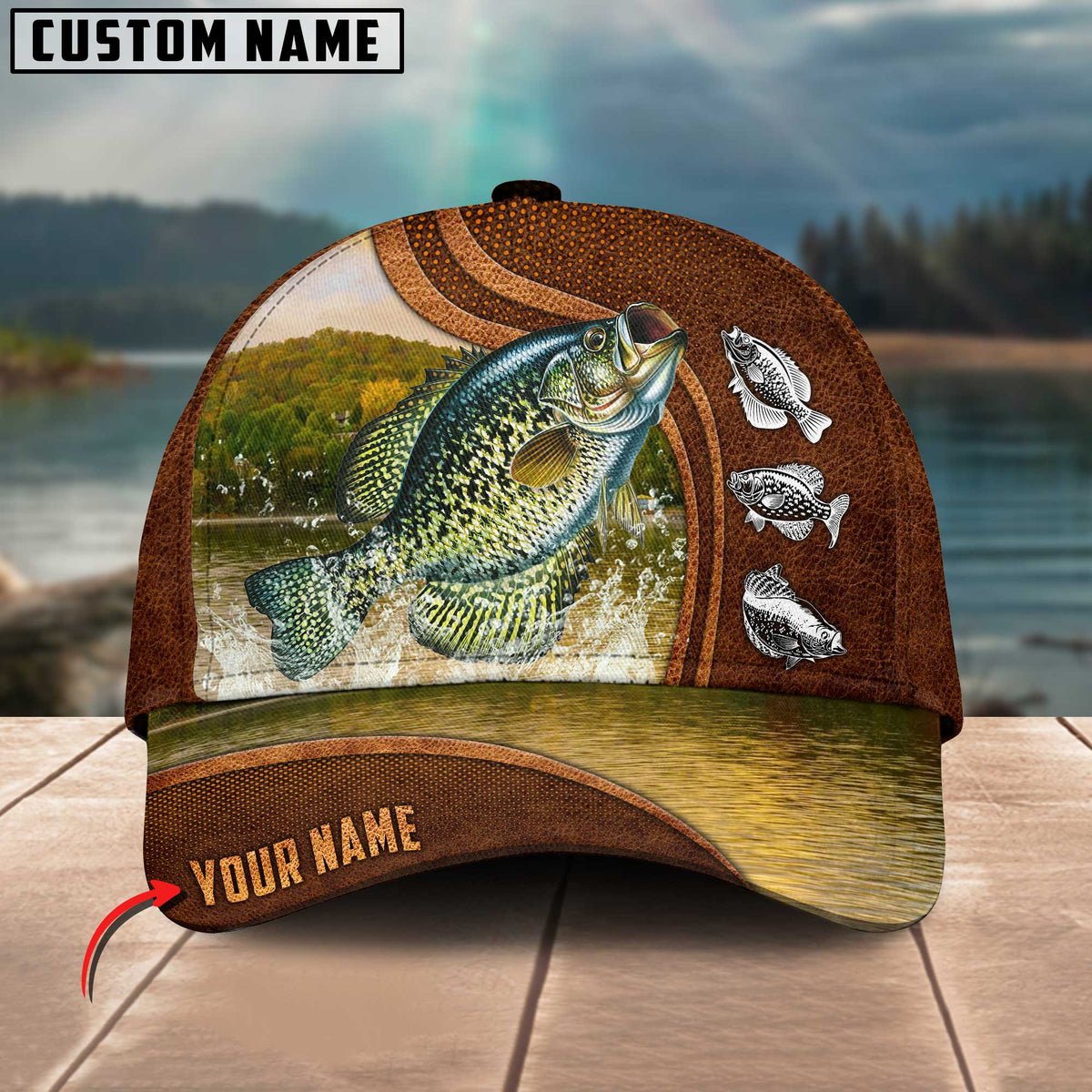Blisscorners Personalized Crappie Fishing Water Leather Pattern Classic 3D Cap