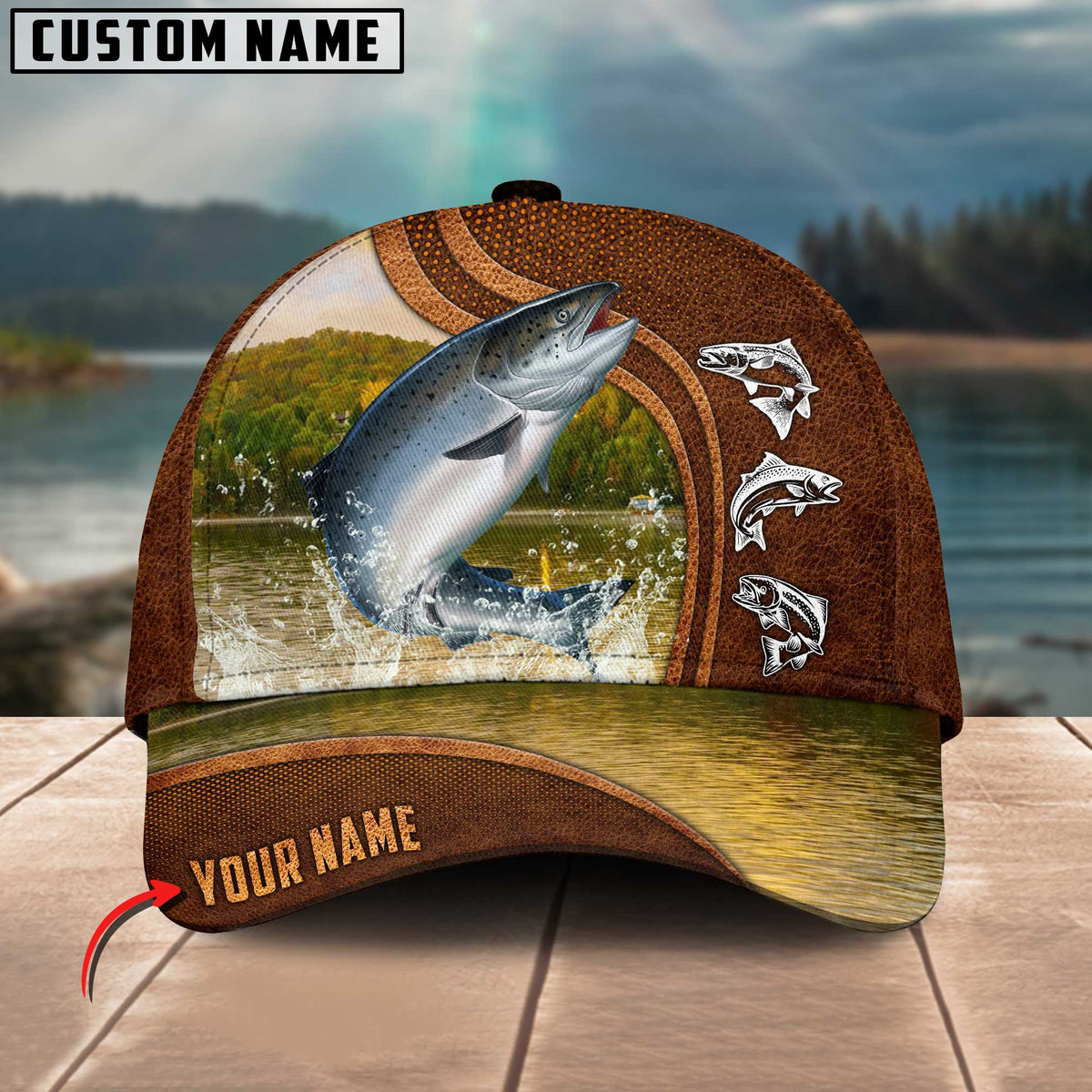 Blisscorners Personalized Salmon Fishing Water Leather Pattern Classic 3D Cap