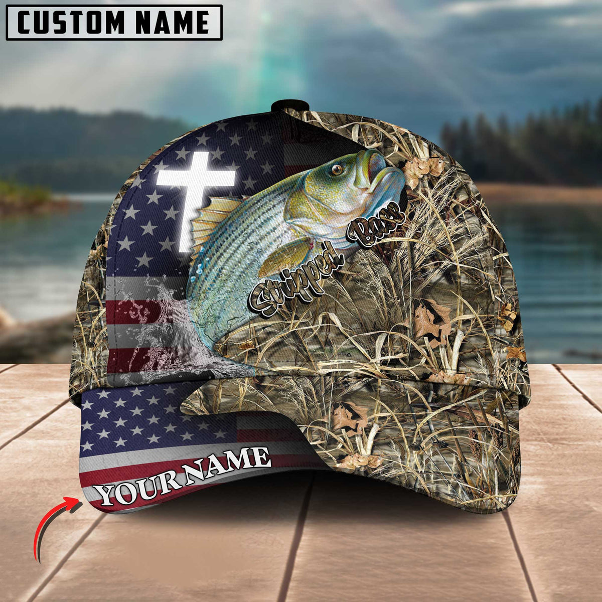 Blisscorners Personalized Stripped Bass Fishing Grass Camo And US Flag Pattern Premium Classic 3D Cap
