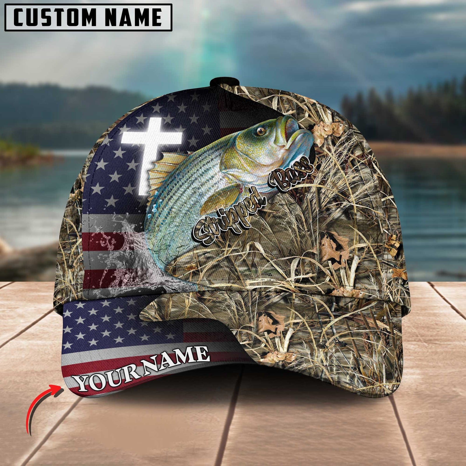 Blisscorners Personalized Stripped Bass Fishing Grass Camo And US Flag Pattern Premium Classic 3D Cap