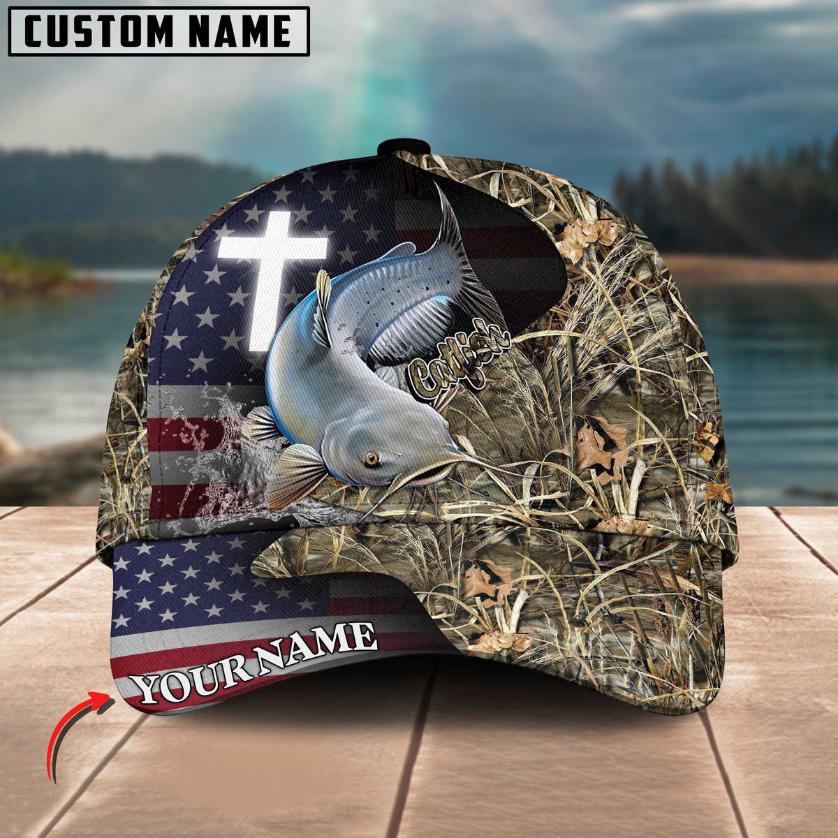 Blisscorners Personalized Catfish Fishing Grass Camo And US Flag Pattern Premium Classic 3D Cap