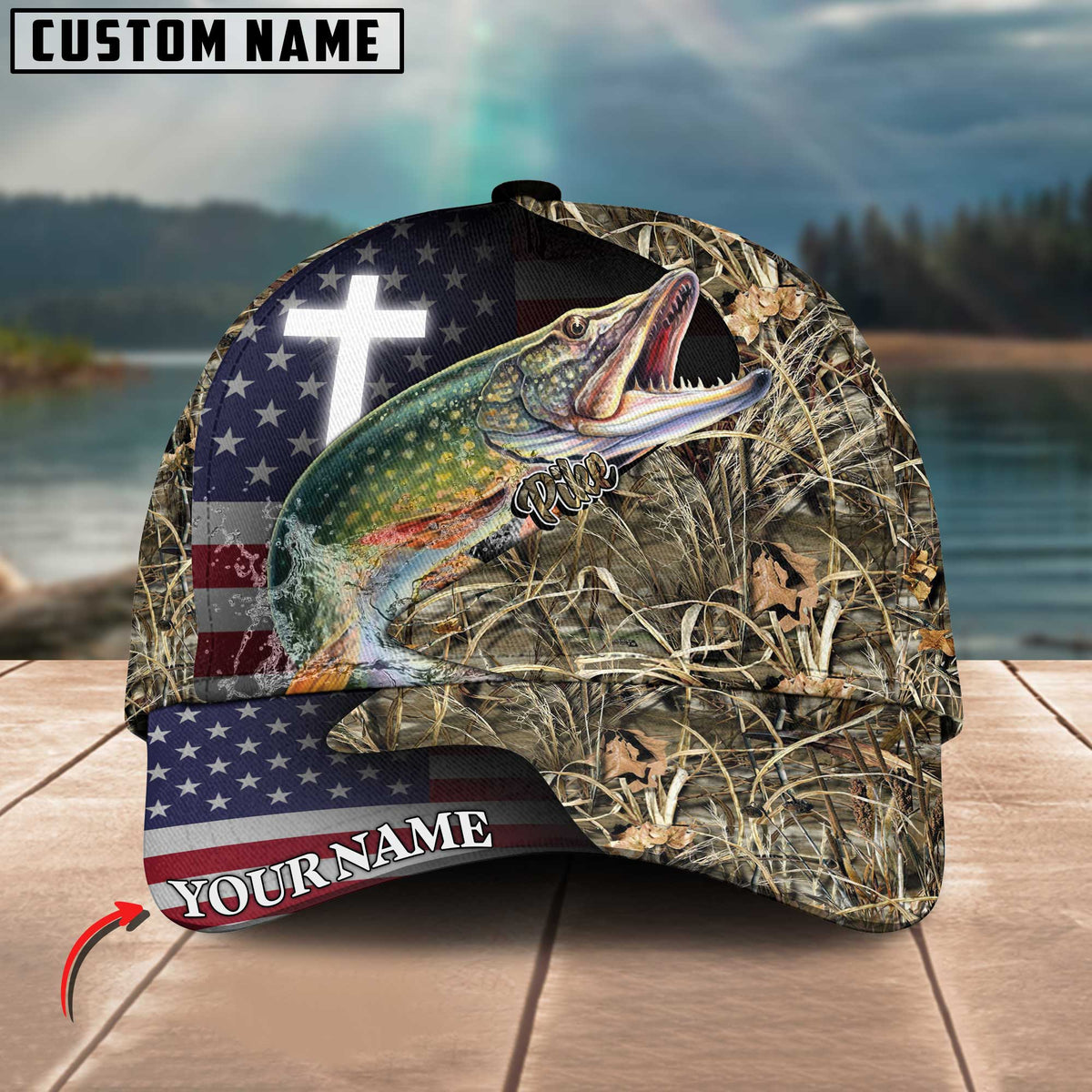 Blisscorners Personalized Pike Fishing Grass Camo And US Flag Pattern Premium Classic 3D Cap