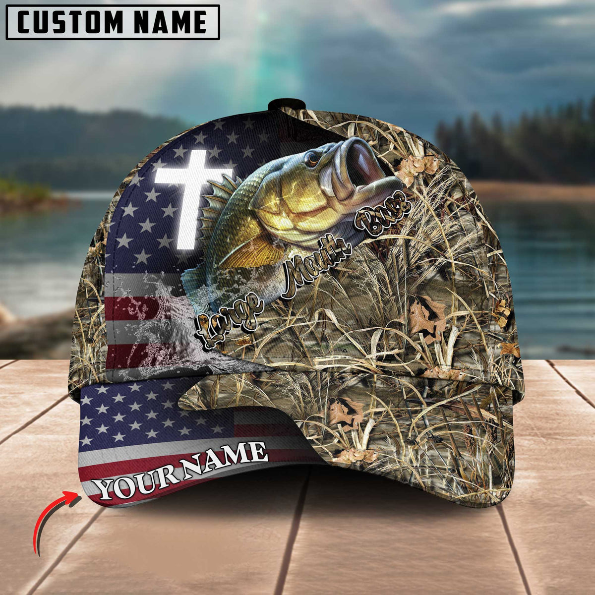 Blisscorners Personalized Large Mouth Bass Fishing Grass Camo And US Flag Pattern Premium Classic 3D Cap