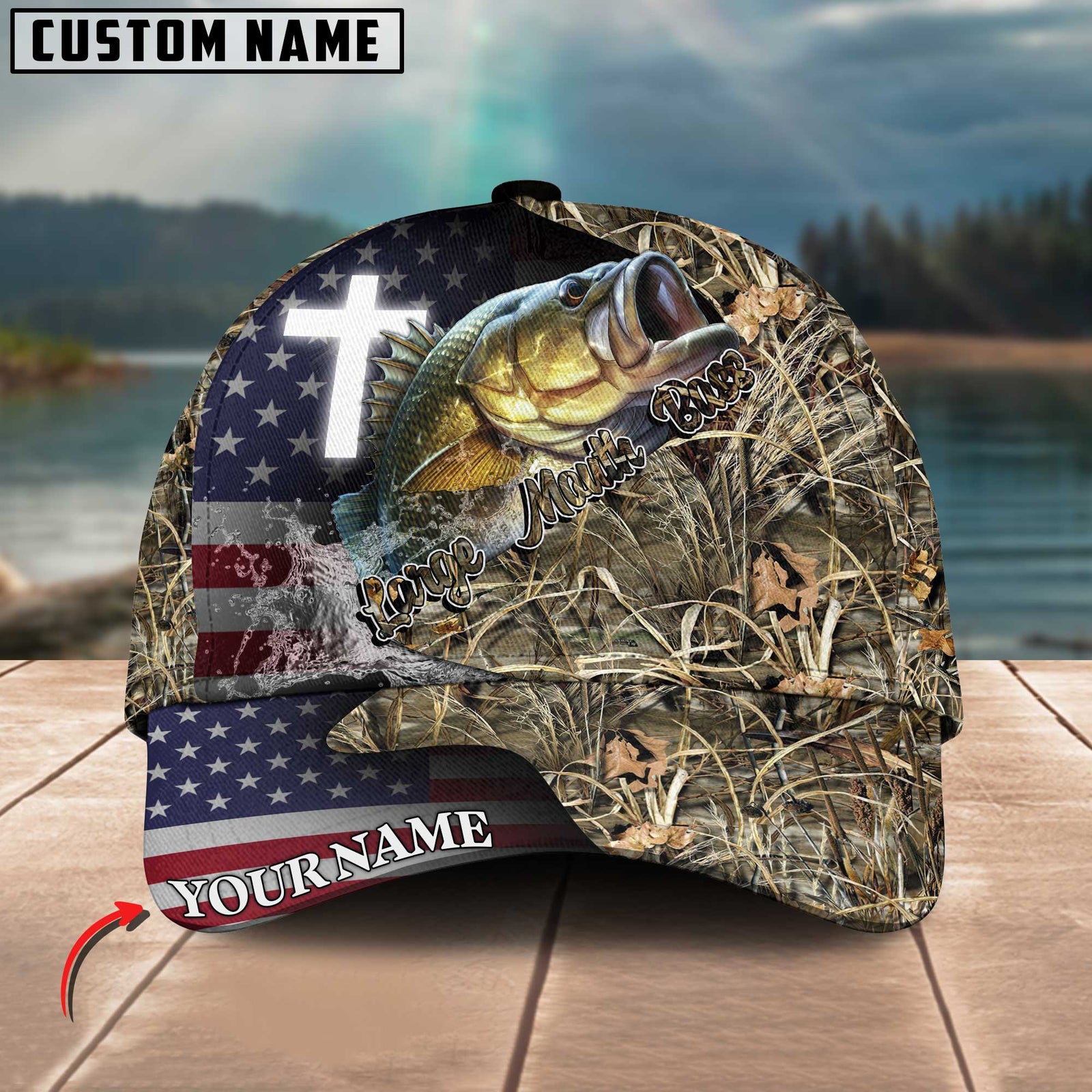 Blisscorners Personalized Large Mouth Bass Fishing Grass Camo And US Flag Pattern Premium Classic 3D Cap