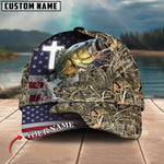 Blisscorners Personalized Large Mouth Bass Fishing Grass Camo And US Flag Pattern Premium Classic 3D Cap