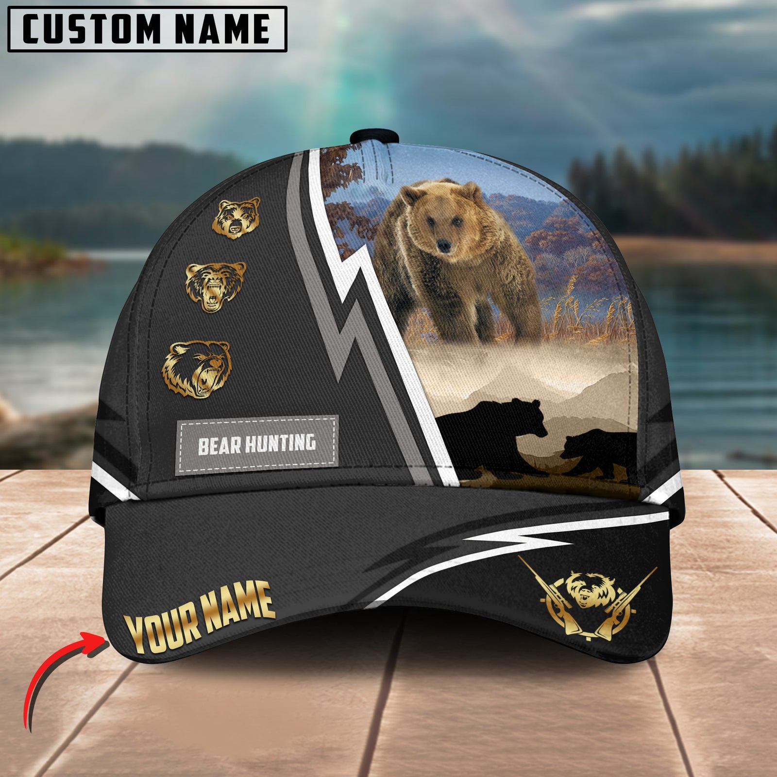 Blisscorners Bear Hunting White Line Grey Pattern Multicolor Personalized Name 3D Cap