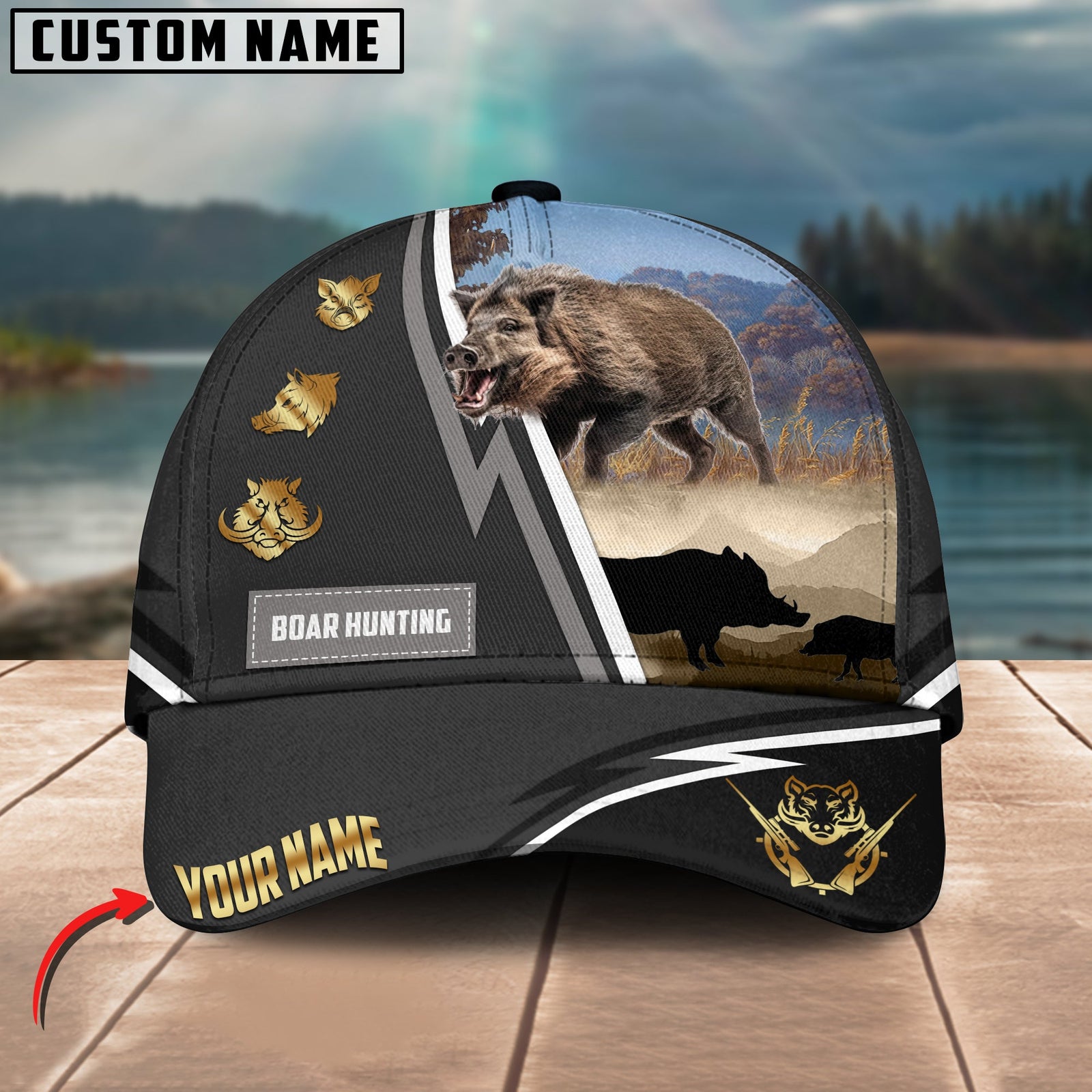 Blisscorners Boar Hunting White Line Grey Pattern Multicolor Personalized Name 3D Cap