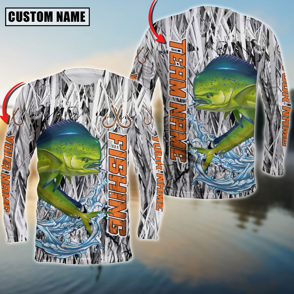 Blisscorners Mahi-mahi Fishing Grass Camo Pattern Premium Personalized Name And Team Name Long Sweat Shirt