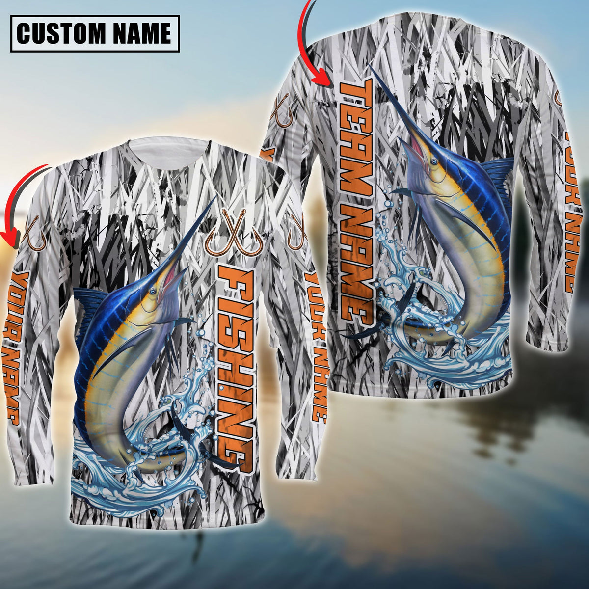 Blisscorners Marlin Fishing Grass Camo Pattern Premium Personalized Name And Team Name Long Sweat Shirt