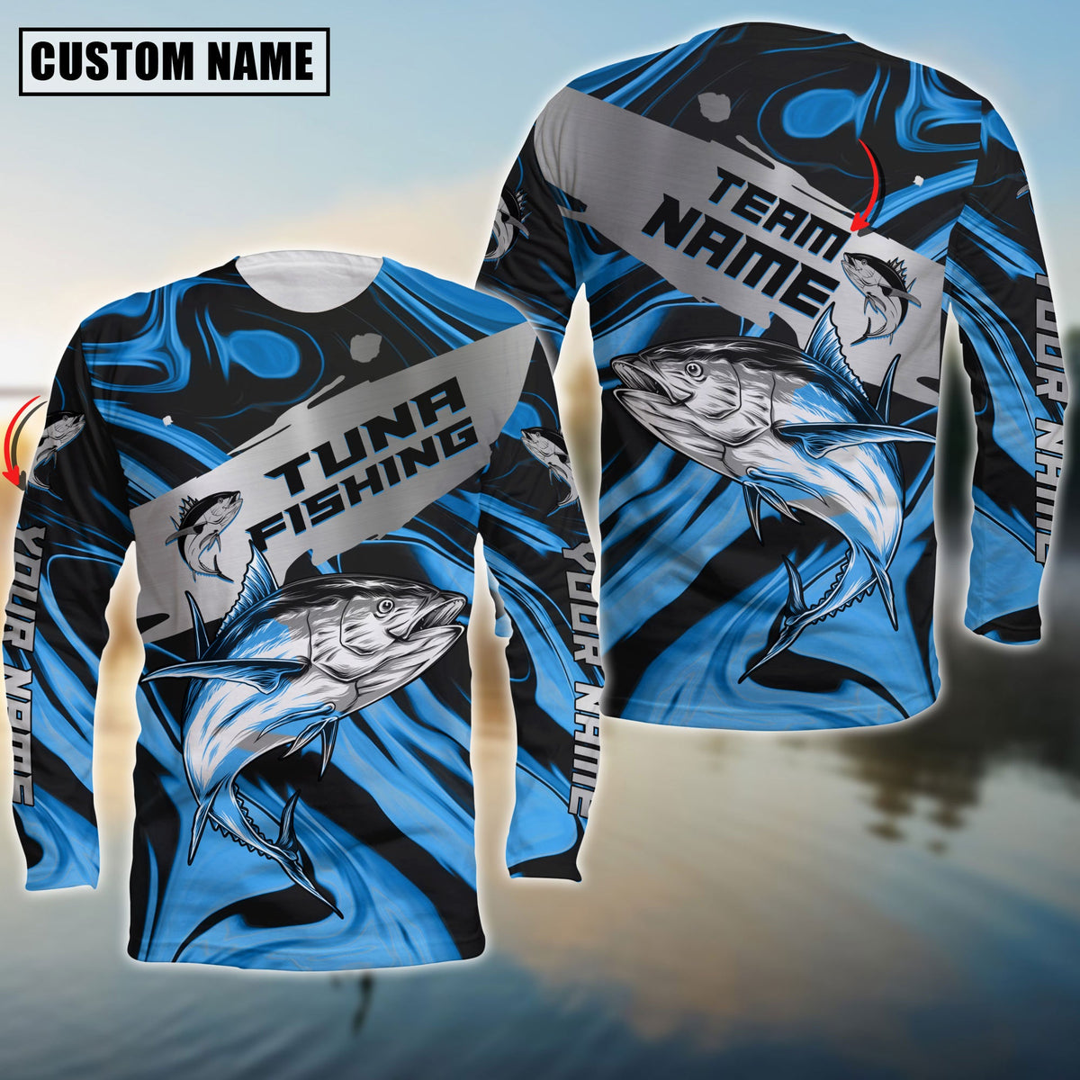 Blisscorners Tuna Fishing Blue Water Flow Pattern Premium Sport Jersey Personalized Name And Team Name Long Sweat Shirt