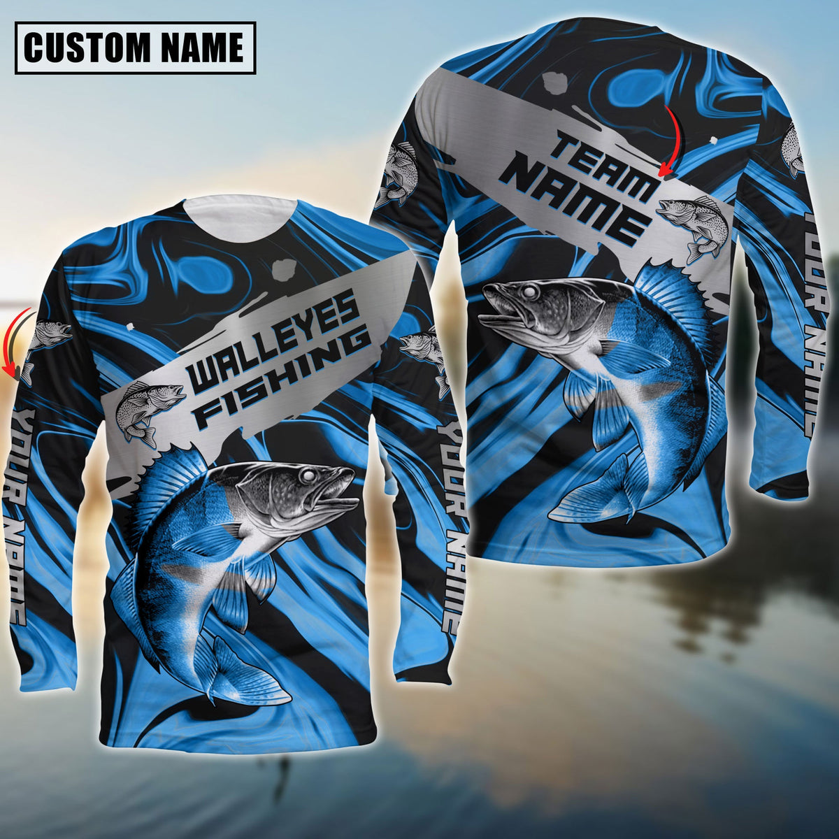 Blisscorners Walleyes Fishing Blue Water Flow Pattern Premium Sport Jersey Personalized Name And Team Name Long Sweat Shirt