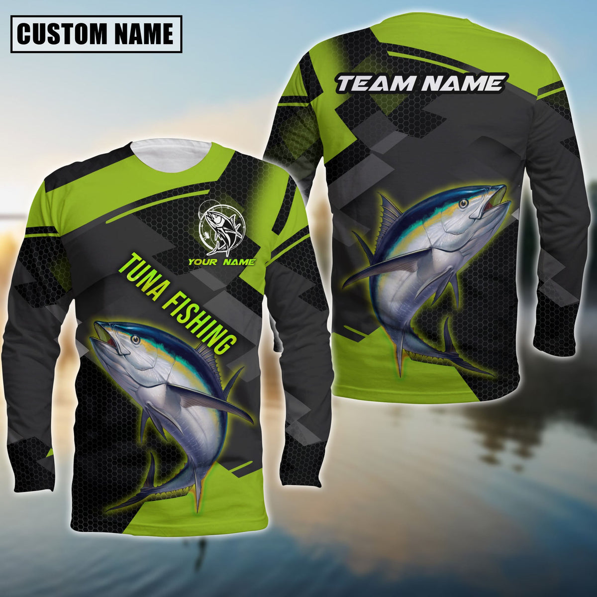 Blisscorners Tuna Fishing Green Pattern Pro Sport Jersey Personalized Name And Team Name Long Sweat Shirt