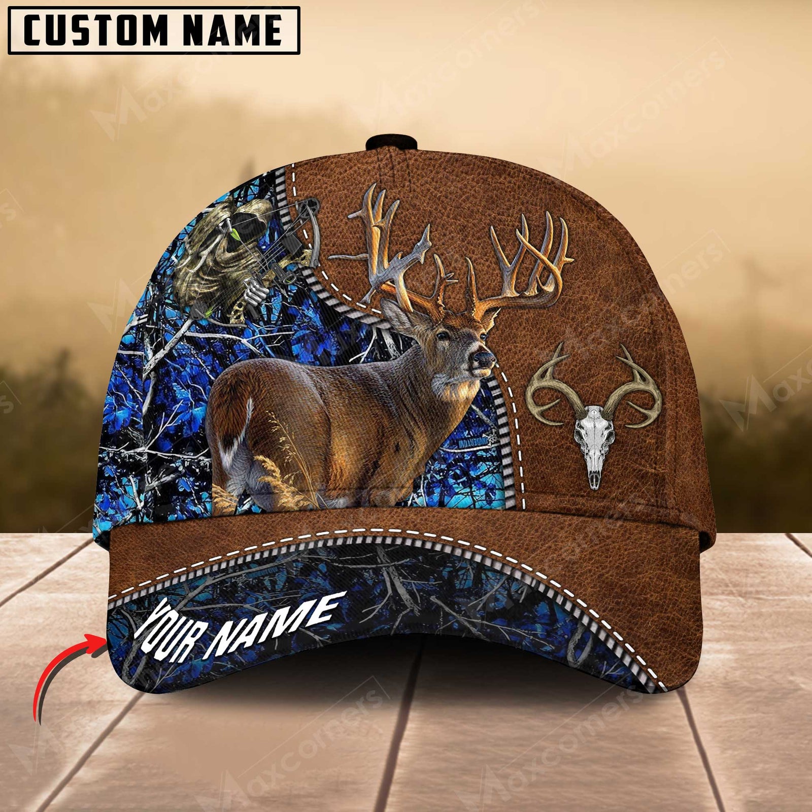 Blisscorners Bow Hunter Skull Epic Deer Hunting Art Leather Pattern Personalized Cap 3D Multicolored