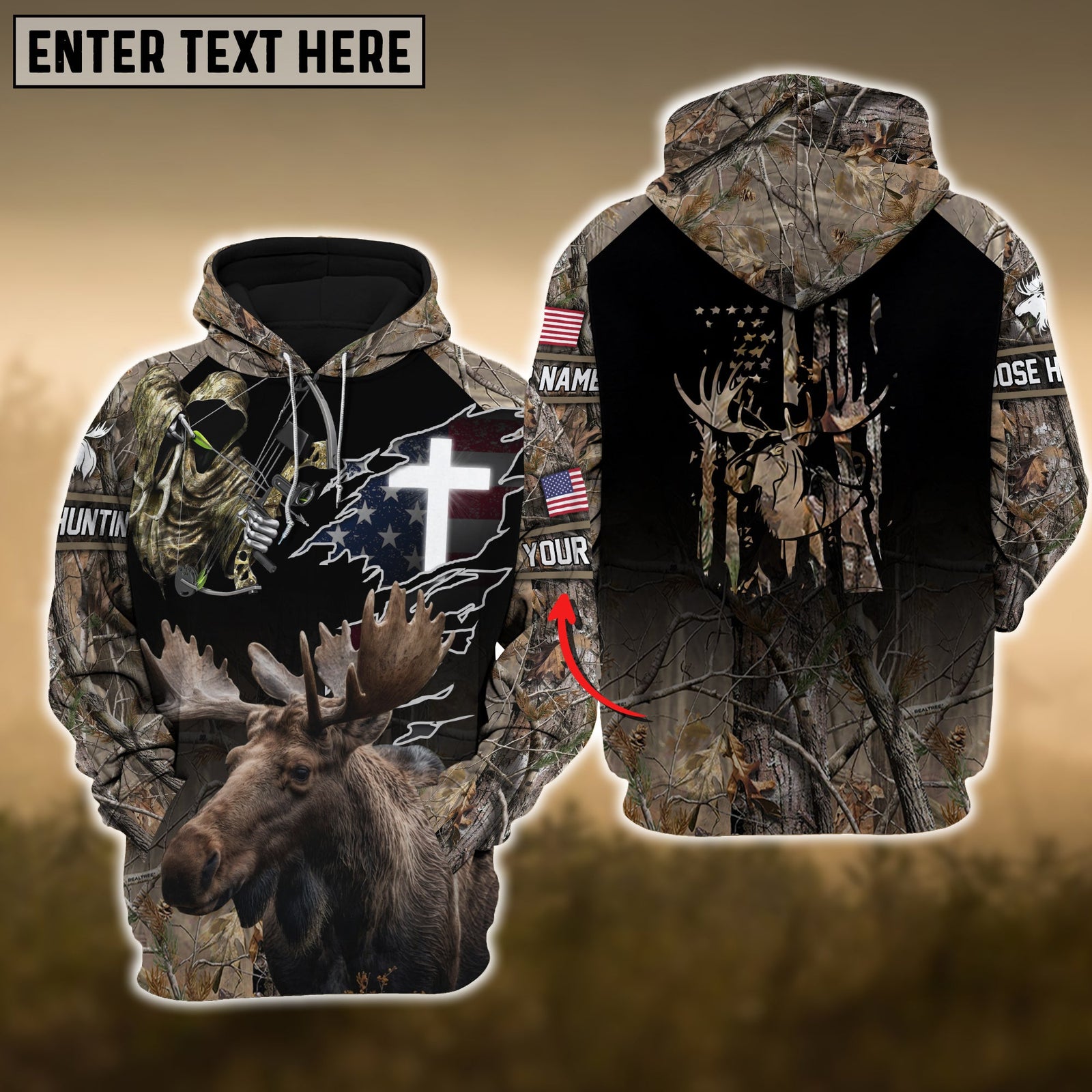 Blisscorners Brown Moose Hunting USA Flag Cross With Reaper Bow Custom Name Shirt 3D All Over Printed Clothes