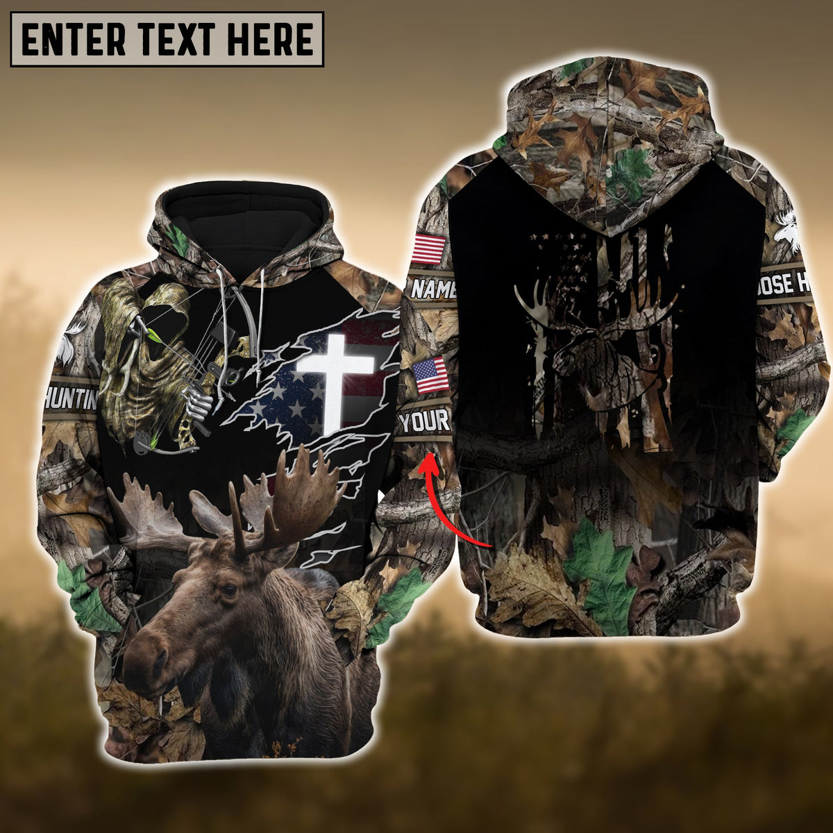 Blisscorners Grass Brown Moose Hunting USA Flag Cross With Reaper Bow Custom Name Shirt 3D All Over Printed Clothes