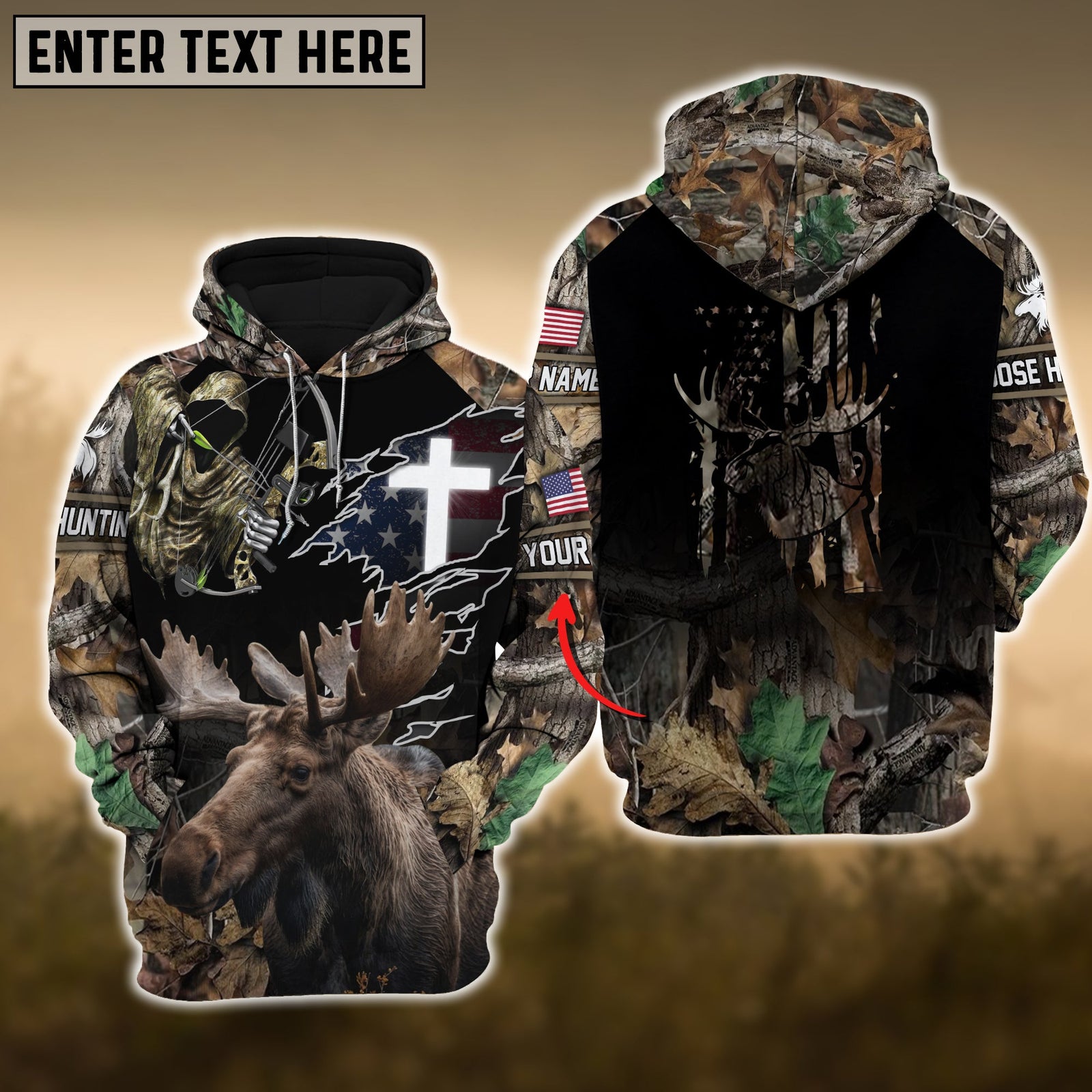 Blisscorners Grass Brown Moose Hunting USA Flag Cross With Reaper Bow Custom Name Shirt 3D All Over Printed Clothes