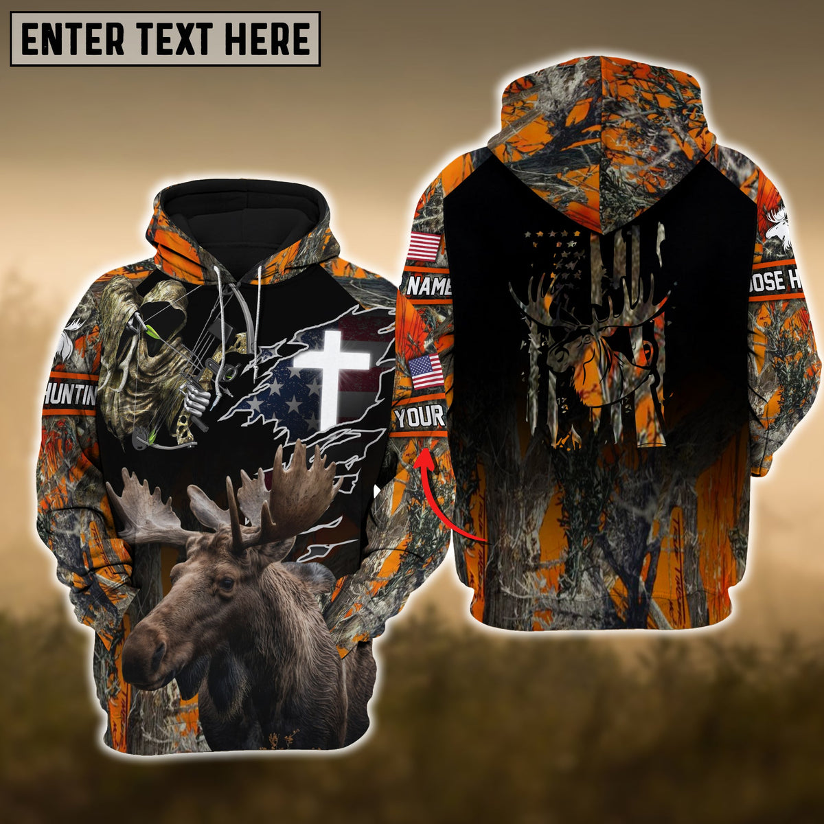 Blisscorners Orange Moose Hunting USA Flag Cross With Reaper Bow Custom Name Shirt 3D All Over Printed Clothes
