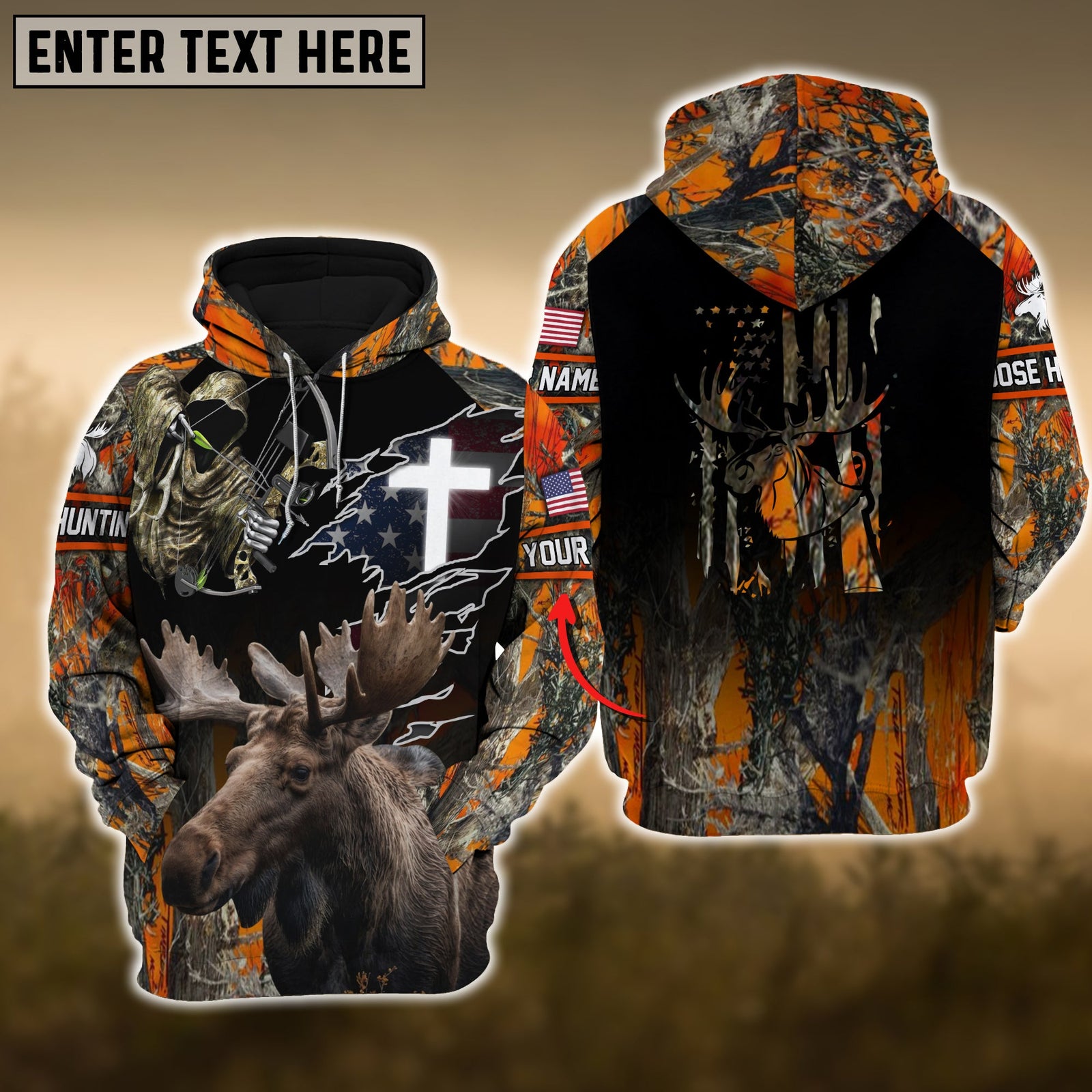 Blisscorners Orange Moose Hunting USA Flag Cross With Reaper Bow Custom Name Shirt 3D All Over Printed Clothes