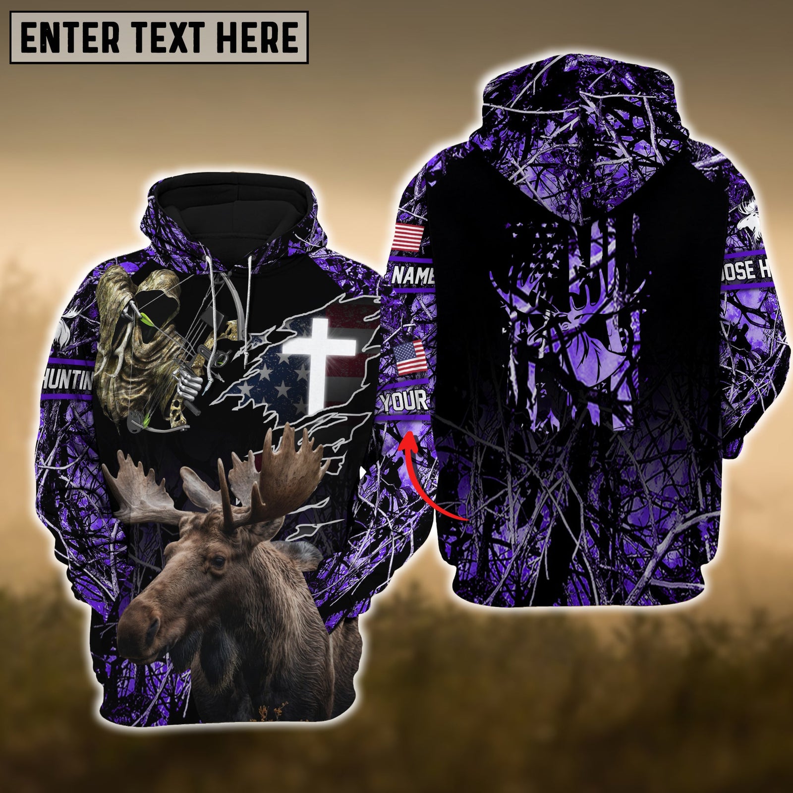 Blisscorners Purple Moose Hunting USA Flag Cross With Reaper Bow Custom Name Shirt 3D All Over Printed Clothes