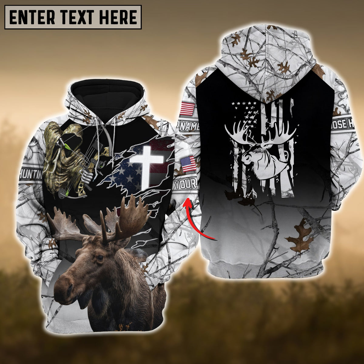 Blisscorners White Moose Hunting USA Flag Cross With Reaper Bow Custom Name Shirt 3D All Over Printed Clothes
