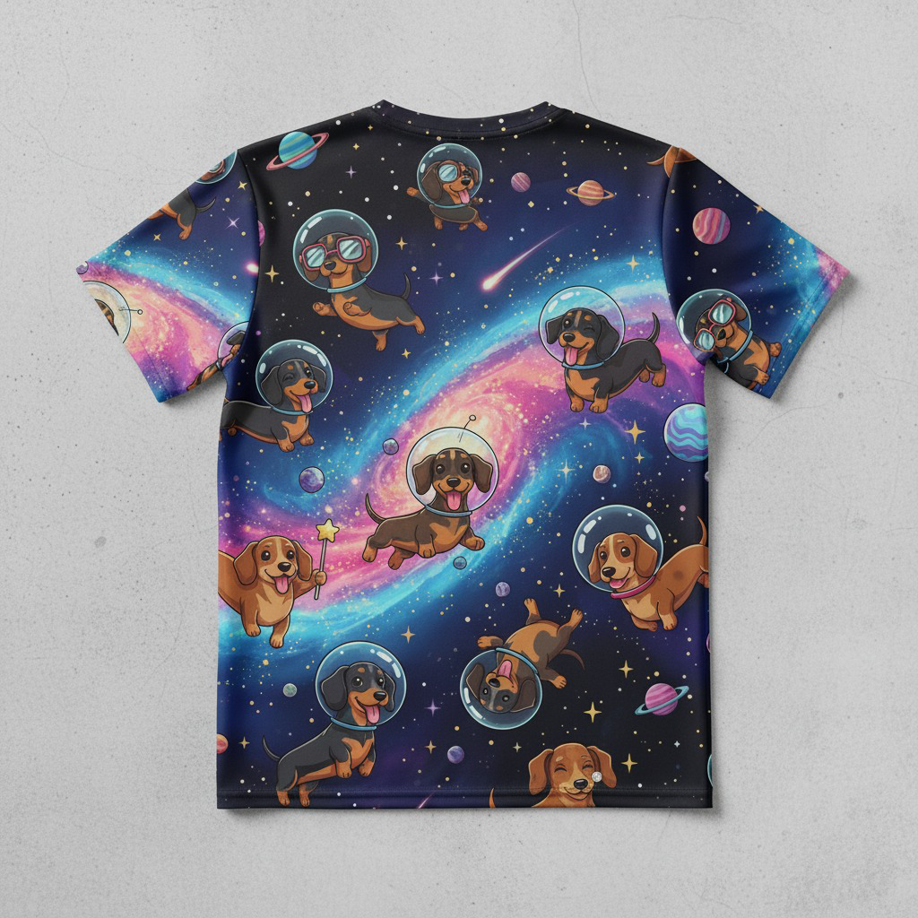 Blisscorners Dachshund Astronaut AOP T-Shirt - Galaxy Wiener Dog Space Adventure - Bestseller Design
