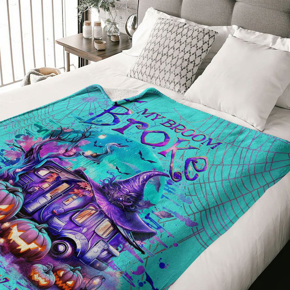 BLISSCORNERS MY BROOM BROKE SO NOW HALLOWEEN CAMPING WOVEN AND FLEECE BLANKET